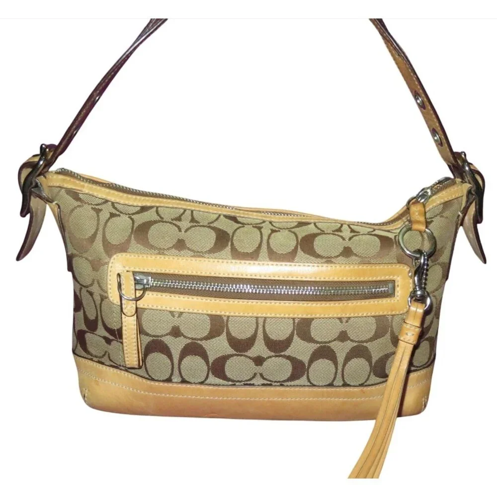 Coach 2005 Y2K Signature Khaki Canvas & Vachetta Leather East West Demi Baguette